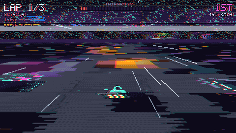 Integrity almost gone: the road tears into horizontal strips, the sky is static, and the meter at the top shows a few red cells.