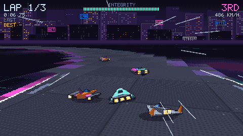 Zero's cyan machine in the pack on lap 1, rivals on either side, the city's skyline and its neon signs ahead.