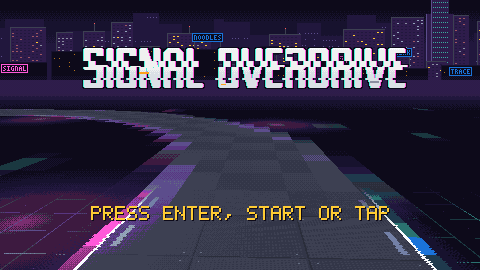 The title screen: SIGNAL OVERDRIVE in white pixel letters split with cyan and magenta over the night skyline, the track curving away under magenta light, and the prompt PRESS ENTER, START OR TAP.