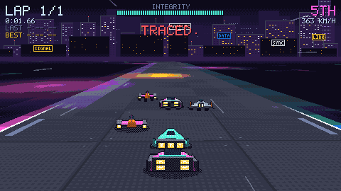 The final lap: TRACED. flashes in red over the skyline as Zero chases the pack toward a boost pad.