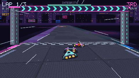 The uplink gate over the start line, its chevrons lit cyan, with Zero and a rival racing under it.